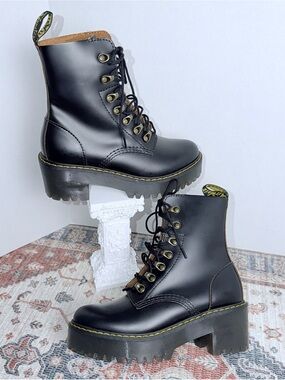 Dr. Martens Leona Black Platform Lace-Up Combat Boots with Yellow Stitching